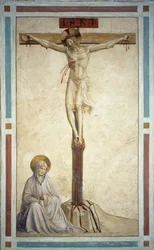 La crocifissione con la Vergine Maria. Iscrizione "INRI" sulla croce. Affresco di Guido di Pietro (o Fra Giovanni da Fiesole) detto Fra Angelico o il Beato (1400-1455)