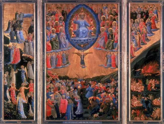 Il Giudizio Universale. Paradiso a sinistra, Inferno a destra. Cristo siede in giudizio nel pannello centrale. Fra Angelico (1400-1455) pittore fiorentino. Trittico. Tempera su tavola. Staatliche Museum, Berlino