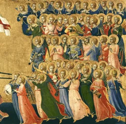 Cristo glorificato nella corte del cielo, dettaglio di angeli musicali dal lato destro, 1419-35 (dettaglio)