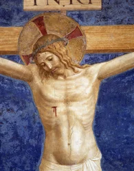 Cristo crocifisso. Iscrizione "INRI" sulla croce, dettaglio