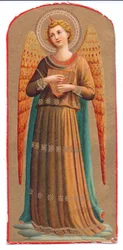 Stampa litografica a colori: angelo di Fra Angelico con strumento musicale, ca. 1910