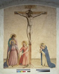 Crocifissione con la Vergine Maria e San Domenico. Iscrizione "INRI" sulla croce