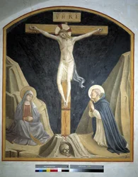 Crocifissione con la Vergine Maria e San Domenico. Iscrizione "INRI" sulla croce, 1442