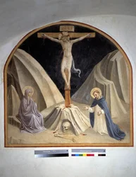Crocifissione con la Vergine Maria e San Domenico. Iscrizione "INRI" sulla croce