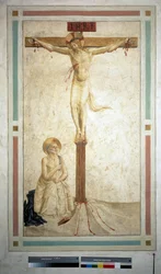 La crocifissione con San Domenico. Iscrizione "INRI" sulla croce. Affresco di Guido di Pietro