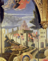 Pala di Santa Trinita, dettaglio della città di Gerusalemme e del Tempio di Salomone