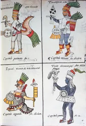 Dei degli antichi messicani, Huitzilopochtli, Tezcatlipoca, Tlaloc e Paynal, testo in spagnolo, da facsimile del manoscritto Storia generale delle cose della Nuova Spagna, noto anche come Codice Fiorentino, di Bernardino de Sahagun