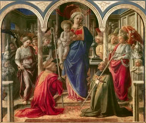 La Vergine con il Bambino circondata da angeli, san Frediano (Fridianus de Lucca o Frigidanus, Frigidian, Frigianu) e sant