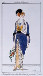 Costumi parigini: cappotto da sera in raso blu cenere con rifiniture irlandesi. Disegno di Francisco Javier Gose