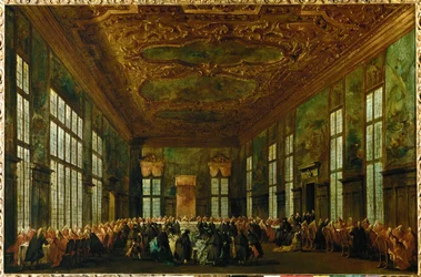 Pasto cerimoniale a Palazzo Ducale nella Sala del Gran Consiglio, il Doge seduto al centro dello sfondo ...
