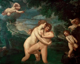 Salmacide nel bagno, respinta da Ermafrodito. La ninfa Salmacide, innamorata del figlio di Ermes e Afrodite, vede respinte le sue avances - Dipinto di Francesco Albani, detto l