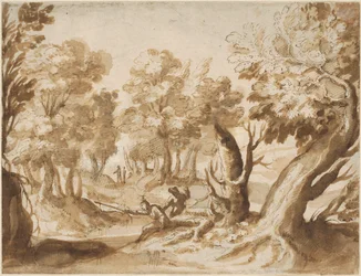 Due figure che pescano in un paesaggio
