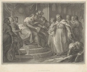 Edoardo, principe di Galles, presenta al padre Edoardo III il re prigioniero Giovanni di Francia e i suoi figli dopo la battaglia di Poitiers