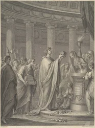 Il generale romano Giulio Cesare dedica il tempio di Venere Genitrice nel Foro di Cesare, Roma, 46 a.C.
