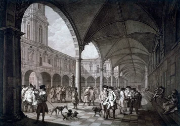 Vista del cortile nella Royal Exchange con mercanti e broker, City of London, 1788