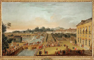 Il re Ferdinando VI di Spagna e la regina Barbara Braganza con i loro ospiti nei giardini del Palazzo di Aranjuez (dipinto su tela)