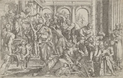 San Rocco a sinistra che distribuisce elemosine a un gruppo di persone intorno a lui, dopo, 1590-1600