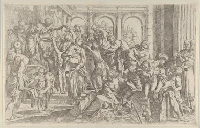 San Rocco a sinistra che distribuisce elemosine a un gruppo di persone intorno a lui, ca. 1590-1600