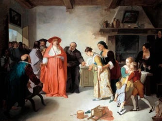 Il cardinale Borromeo visita Lucia nella casa del sarto, scena dai Promessi Sposi di Alessandro Manzoni (1785-1873), di Francesco Coghetti (1804-1875), olio su tela, 35,3 x 47,4 cm