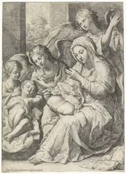 Maria e il Bambino Gesù dormiente circondati da angeli