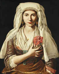 Ritratto di una giovane donna, a tre quarti di lunghezza, che tiene un garofano