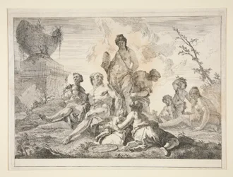 Venere, Vulcano, tre ninfe e tre cherubini in un paesaggio