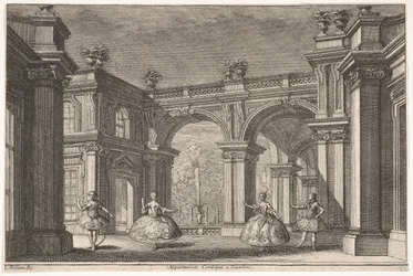 Due signore e due gentiluomini che ballano in un ambiente architettonico ornato, una fontana..., 1765