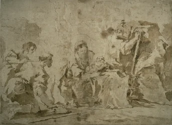 Adorazione dei pastori (recto); tre schizzi: Edifici lungo il canale con imbarcazioni, Paesaggio con edifici in collina, Edifici con portico (verso)