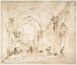 Capriccio architettonico: passaggio voltato che conduce a una piazza