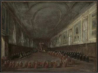 Papa Pio VI che scende dal trono per congedarsi dal Doge nella Sala dei SS. Giovanni e Paolo, 1782