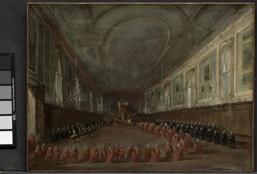 Papa Pio VI che scende dal trono per congedarsi dal Doge nella Sala dei SS. Giovanni e Paolo, 1782 e Cerimonia Pontificia nei SS. Giovanni e Paolo, Venezia, 1782, c. 1783