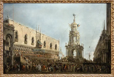 Il Doge di Venezia assiste alle feste del Giovedì Grasso sulla Piazzetta di San Marco, il Doge è a sinistra, sotto l