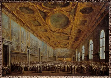 Il Doge di Venezia ringrazia il Maggior Consiglio. La scena si svolge a Palazzo Ducale in Piazza San Marco a Venezia. Dipinto di Francesco Guardi