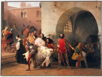 Bice trovata da Marco Visconti nel seminterrato del suo castello a Rosate, tema dal romanzo Marco Visconti di Tommaso Grossi, illustrazione di Francesco Hayez