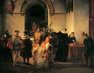 Maria Stuarda protesta la sua innocenza davanti agli sceriffi mentre viene letta la sua condanna a morte