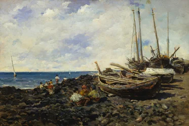 Pescatori con barche sulla riva
