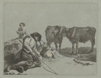 Pastore dormiente, due vitelli e una contadina