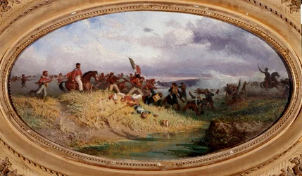 Risorgimento: «Il patriota italiano Giuseppe Garibaldi attraversa il fiume Volturno». Scena della battaglia del Volturno durante la spedizione dei Mille (o Camicie rosse) nell