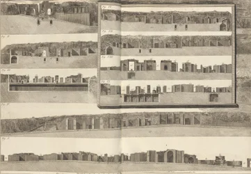 Sezioni trasversali, che mostrano i diversi aspetti degli edifici mostrati nel piano di Pompei, 1804