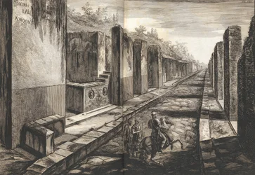 Veduta dalla strada che entra sotto il portale della città di Pompei, con il passaggio pedonale, 1804