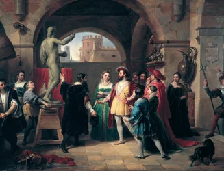 Il re di Francia Francesco I (1494-1547) visita la bottega di Benvenuto Cellini (1500-1571) a Roma. Il pittore presenta al re una scultura di san Giovanni Evangelista. Dipinto anonimo. Roma, Galleria Nazionale d