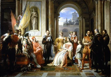 Torquato Tasso (Le Muche) legge la sua Gerusalemme liberata alla corte di Ferrara. Dipinto di Francesco Podesti (1800-1895)