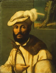 Ritratto di un gentiluomo barbuto, mezzo busto, con giacca bianca bordata di pelliccia e cappello piumato e che tiene una fronda di palma, un paesaggio visto attraverso una finestra oltre