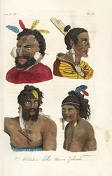 Ritratti di guerrieri Maori, uomini e ragazzi della Nuova Zelanda con tatuaggi facciali e piume nei capelli. Incisione a mano colorata su rame di Francesco Rosaspina dopo William Hodges e Piron dal libro 
