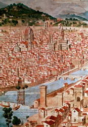 Pianta della Catena, dettaglio di una mappa della città di Firenze chiamata «Catena» per via della cornice della mappa a forma di catena. Realizzata da Francesco di Lorenzo Rosselli (1448-1513) nel 1490. Firenze, Museo Firenze com
