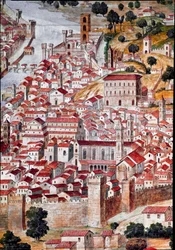 Pianta della Catena: dettaglio di una mappa della città di Firenze chiamata «Catena» per la cornice della mappa a forma di catena. Realizzata da Francesco di Lorenzo Rosselli (1448-1513) nel 1490. Firenze, Museo Firenze com