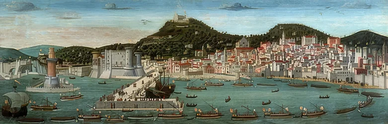 Tavola Strozzi. Veduta di Napoli, la flotta aragonese entra nel porto il 12 luglio 1465