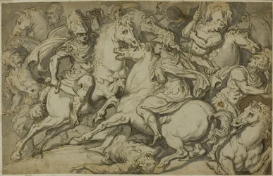 Scaramuccia di cavalleria (recto); Ecorché inginocchiato (verso)