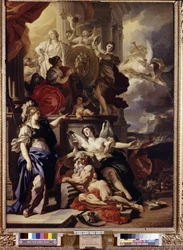 Allegoria del regno. Il medaglione al centro rappresenta il volto della regina Caterina II di Russia (1729-1796). Dipinto di Francesco Solimena (1657-1747). Olio su tela