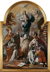 La colomba dello Spirito Santo appare sopra la Vergine con i santi